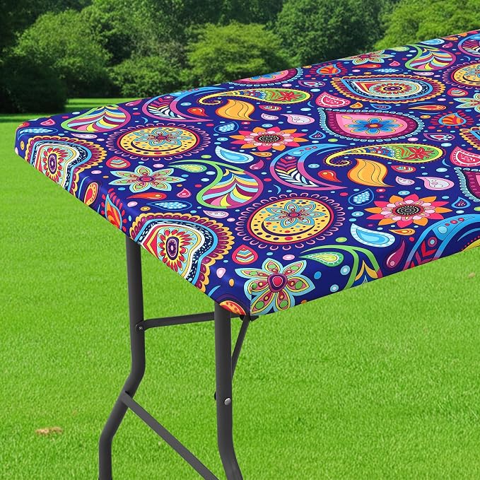 Smiry Spandex Fitted Tablecloth for 6 Foot Rectangle Tables, Washable Picnic Table Cover with Elastic, Stretch Reusable Table Cloth for Outdoor, Camping, Dining & Kitchen (Navy Paisley, 30"x72")