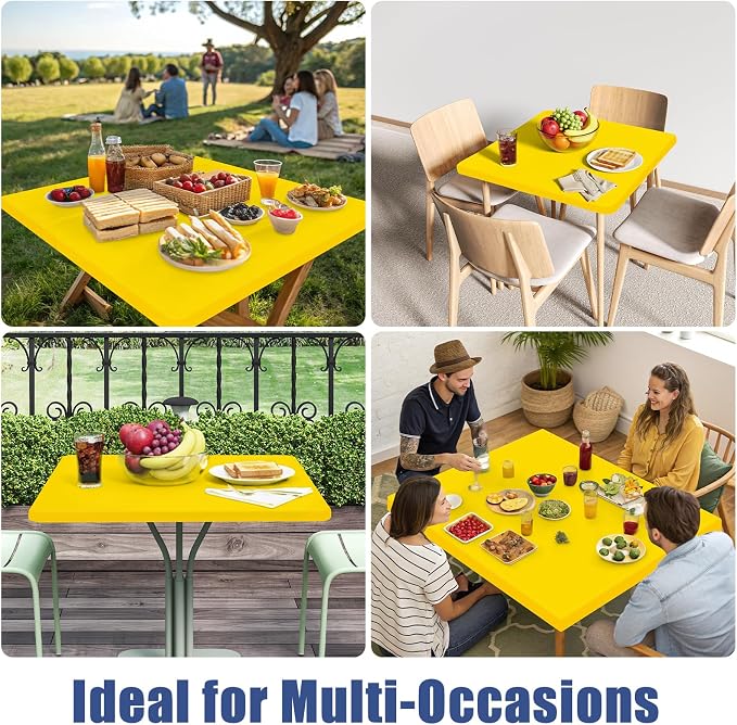 Moosfor 2 Pack Square Spandex Fitted Table Cloth, Elastic Tablecloth | Washable Picnic Table Cover, Stretch Waterproof Table cloths for Party, Patio, Dining, Kitchen, 34" x 34", Yellow