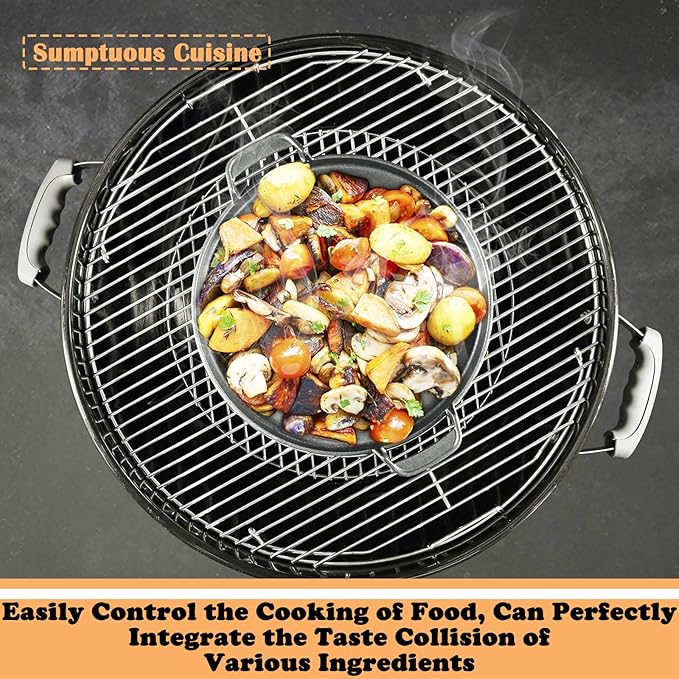 Hisencn 7421 Gourmet BBQ System Griddle for Weber 22 1/2 inch Charcoal Grill, Cast Iron 12" Griddle Pan for Weber Original Kettle Premium 22.5'' Smokers, Performer Premium Grill