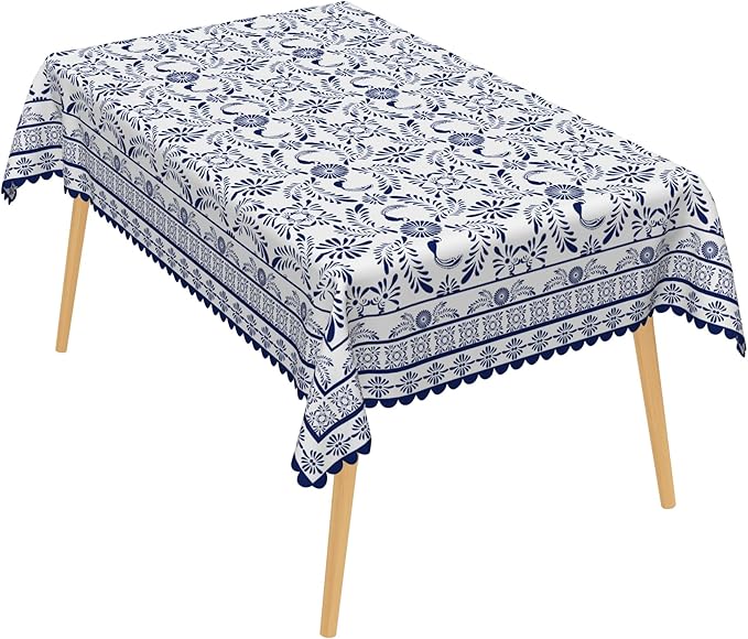 Ethnic Floral Oblong Table Cloths 52x70 Inch Blue Flowers Plants Chic Wrinkle Oil-Proof Resistant Table Cover Folk Style Tablecloths for Indoor Outdoor Kitchen Dining Tabletop Decoration