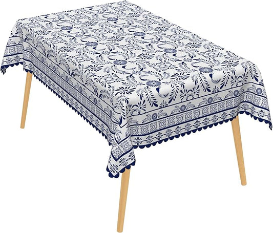 Ethnic Floral Oblong Table Cloths 60x120 Inch Blue Flowers Plants Chic Wrinkle Oil-Proof Resistant Table Cover Folk Style Tablecloths for Indoor Outdoor Kitchen Dining Tabletop Decoration