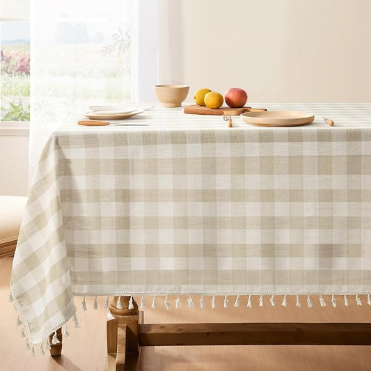 Softalker Checkered Tablecloth Rectangle, Outdoor Linen Cotton Gingham Table Cloth with Tassel, Heavy Duty Wrinkle Free Buffalo Plaid Table Cover for Kitchen Dining Summer Party - 55 x 84 Inch, Beige