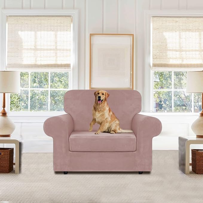 WEERRW Velvet Stretch 2 Pieces Chair Sofa Slipcovers Washable, Pink | Armchair Slipcovers Luxury Soft Velvet Plush Furniture Protector Couch Cover with Elastic Bottom for Kids Pets, Small