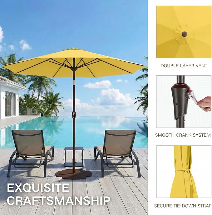 Kingdura 9FT Outdoor Patio Umbrella, Round Market Table Umbrella with Push‑Button Tilt and Crank Lift, 8 Sturdy Metal Ribs, UV50+ Protection Canopy for Backyard, Lawn, Deck, Poolside, Garden (Yellow)