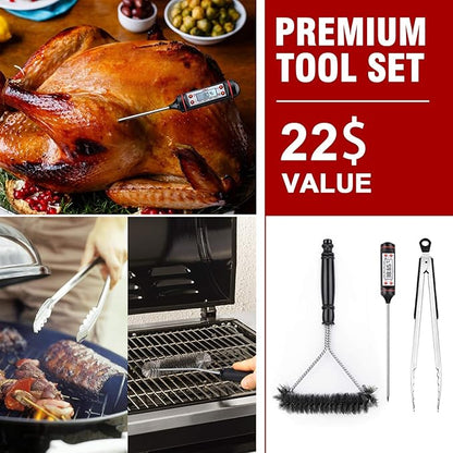 Kingkong Gas Grill Cover | Fits Weber Genesis E & S Series, Char-Broil 4 Burner | Includes Grill Brush, Tongs & Thermometer