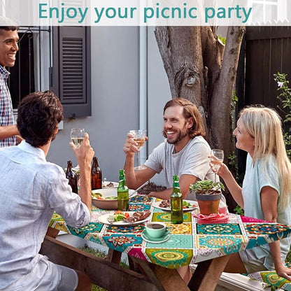 Boho Picnic Table Cover with Bench Covers and Bag, Camping Essentials, Bohemian Mandala Waterproof Washable Fitted Camping Tablecloths with Elastic Edges for Outdoor & Garden, 3 Pcs Set 30x72 Inch
