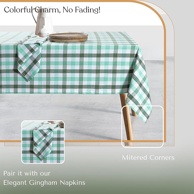 Gingham Tablecloth, 60x84 Inch, Soft Cotton Checkered Table Cover, Reusable & Durable for Daily Use, Garden Parties, Kitchen Decor, Outdoor Dining, Mint Green, Aqua Green, White