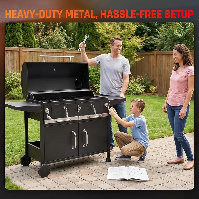 NATURAL EXPRESSIONS Charcoal Grills,36" Outdoor Barbecue Grill,Heavy Duty Dual-Zone BBQ Smoker Grill with 2 Lifting Charcoal Trays,Foldable Side Tables,Oversized Cooking Area for bbq,Yard,Party,Garden