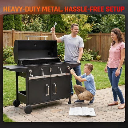 NATURAL EXPRESSIONS Charcoal Grills,36" Outdoor Barbecue Grill,Heavy Duty Dual-Zone BBQ Smoker Grill with 2 Lifting Charcoal Trays,Foldable Side Tables,Oversized Cooking Area for bbq,Yard,Party,Garden