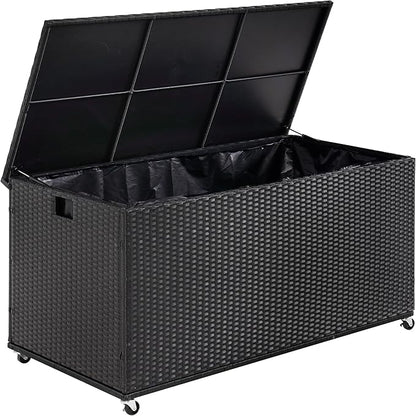 Outdoor 170 Gallon Water-Resistant Wicker Storage Box with Wheels, PE Rattan Deck Box with Waterproof Liner for Outside, Patio Storage Container with Hinged Lid, Horizontal Bin, Black