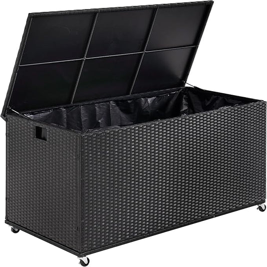 Outdoor 170 Gallon Water-Resistant Wicker Storage Box with Wheels, PE Rattan Deck Box with Waterproof Liner for Outside, Patio Storage Container with Hinged Lid, Horizontal Bin, Black