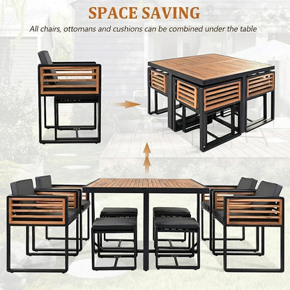 Merax 9-Piece Patio Dining Set for 8 People, Acacia Wood Outdoor Furniture Sets with 1 Square Table, 4 Cushioned Chairs and 4 Ottomans for Backyard, Garden, Lawn, Poolside, Space Saving Design, Gray