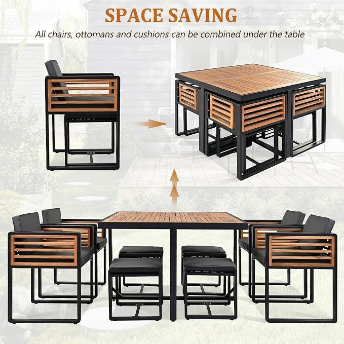 Merax 18-Piece Patio Dining Set for 16 People, Acacia Wood Outdoor Furniture Sets with 2 Square Tables, 8 Cushioned Chairs and 8 Ottomans for Backyard, Garden, Lawn, Poolside, Space Saving Design,Gray
