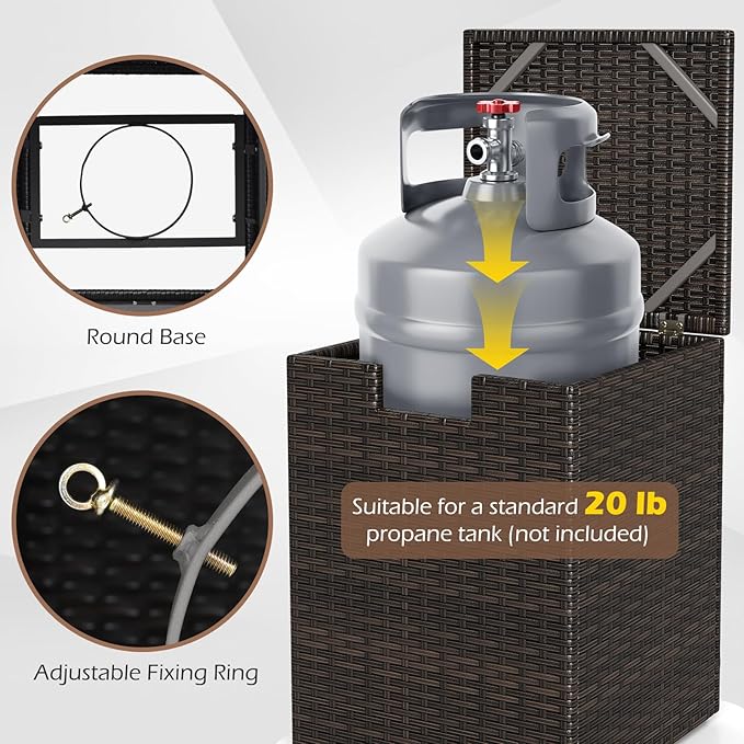 Tangkula Wicker Propane Tank Cover Table, 20 LB Gas Tank Holder Storage Box with Flip Lid & Adjustable Foot Pads, 16" Outdoor Rattan Hideaway Table for Gas Fire Pit, Grill, Griddle & Stove (Brown)