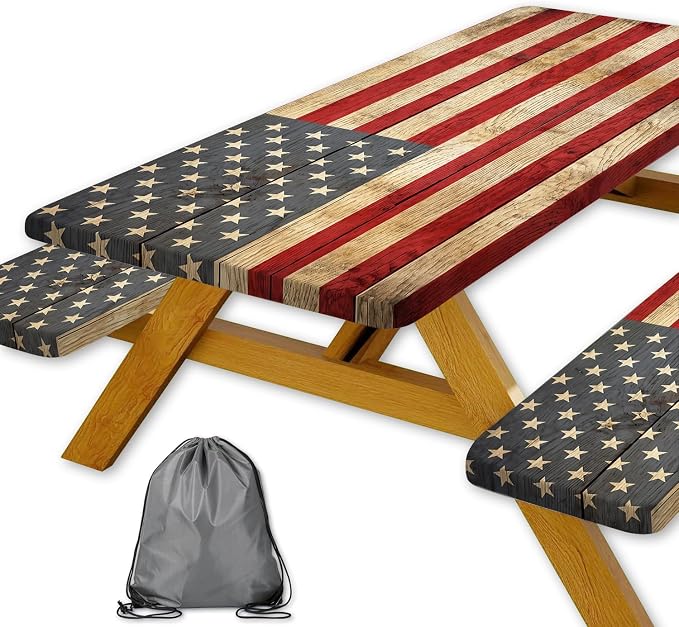 Retro American Flag Picnic Table Cover with Bench Covers Set | Wood Texture Waterproof Elastic Edges Camping Tablecloths Fitted Picnic Table Cover for Outdoor, Camping, 3Pcs 30x96 Inch