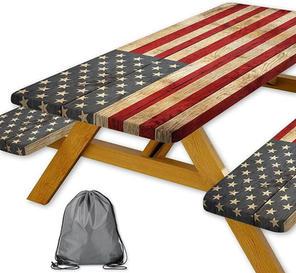 Retro American Flag Picnic Table Cover with Bench Covers Set | Wood Texture Waterproof Elastic Edges Camping Tablecloths Fitted Picnic Table Cover for Outdoor, Camping, 3Pcs 30x60 Inch