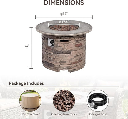 COSIEST Outdoor Propane Concrete Fire Pit Table w Imitation Stone Surface 32-inch Round Fire Table, Certified, 40,000 BTU Stainless Steel Burner, Free Lava Rocks, Fits 20lb Tank Inside