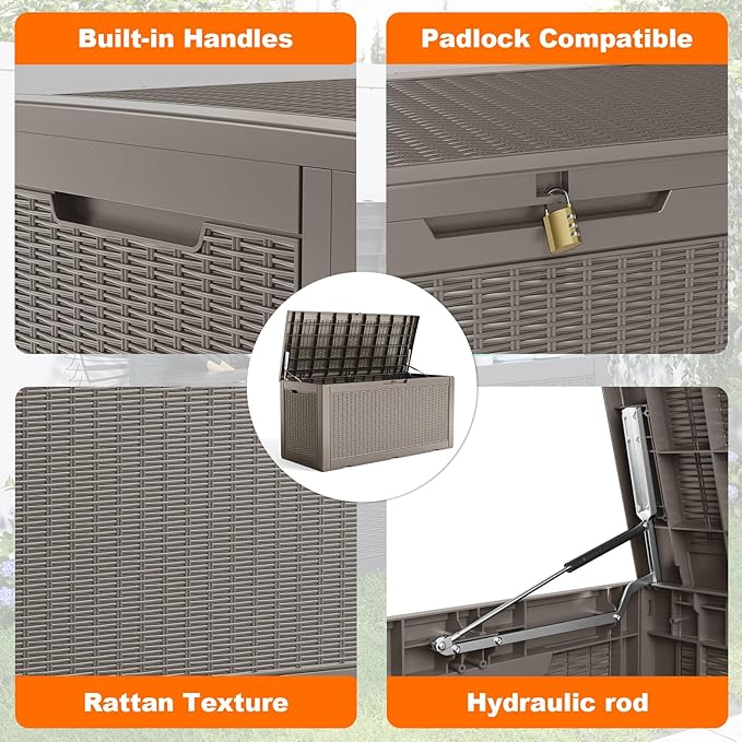 PatioZen 120 Gallon Deck Box Outdoor, Weatherproof Resin Patio Storage Box, Waterproof Outdoor Storage Boxes with Lid Lockable for Cushions, Garden Tools,Grey