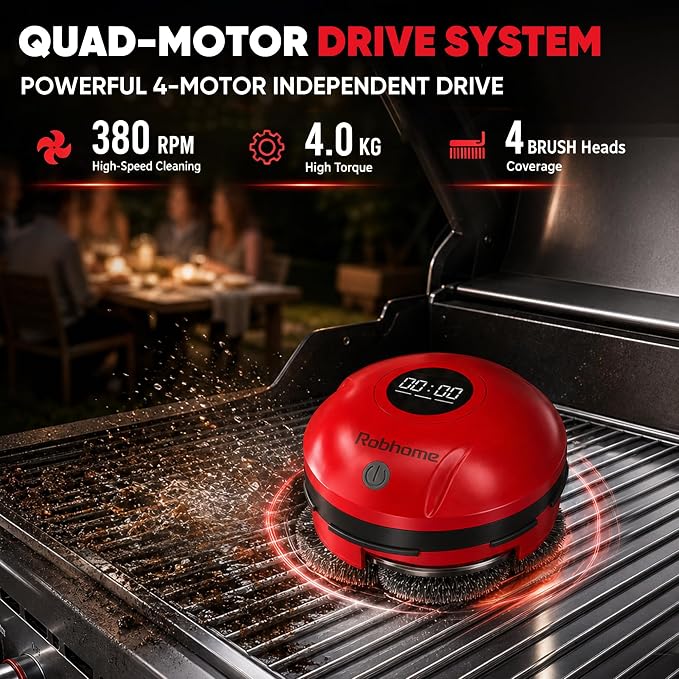 Grill Cleaning Robot, Electric Grill Brush with 4 Heads, 304 Stainless Steel Rotary Brush, Cordless Rechargeable BBQ Cleaner, 150Mins Runtime, 380 RPM, Automatic Grill Cleaner for Outdoor Grill, Red