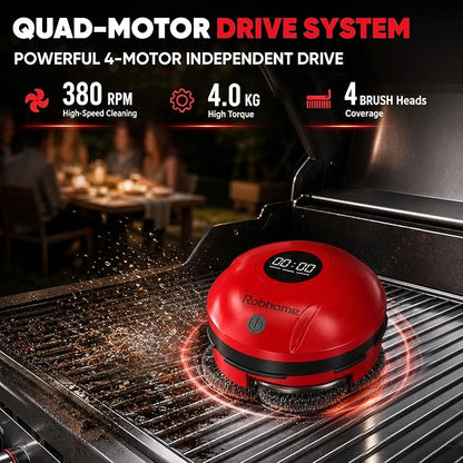 Grill Cleaning Robot, Electric Grill Brush with 4 Heads, 304 Stainless Steel Rotary Brush, Cordless Rechargeable BBQ Cleaner, 150Mins Runtime, 380 RPM, Automatic Grill Cleaner for Outdoor Grill, Red