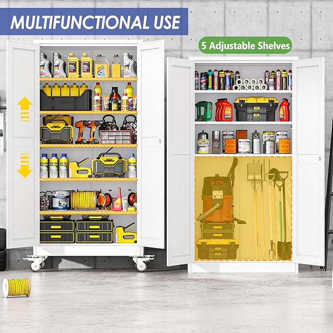 73.6" Metal Garage Storage Cabinet with Wheels and Locking Doors and Tall Rolling Steel Tool Cabinet with 5 Adjustable Shelves for Garage,Home,Office,Shop (White, 73.6''H x 35.4''W x17.7''D)