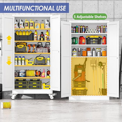 73.6" Metal Garage Storage Cabinet with Wheels and Locking Doors and Tall Rolling Steel Tool Cabinet with 5 Adjustable Shelves for Garage,Home,Office,Shop (White, 73.6''H x 35.4''W x17.7''D)