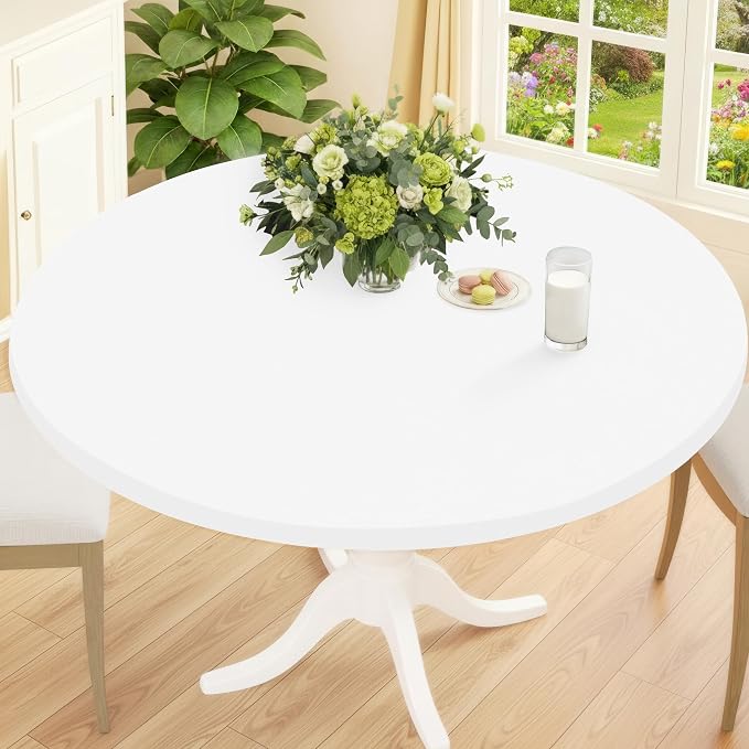 Smiry Round Spandex Tablecloth, Elastic Fitted Washable Tablecloths for 25"-30" Tables, Waterpoof Stretch Picnic Table Cover for Dining, Indoor and Outdoor, White