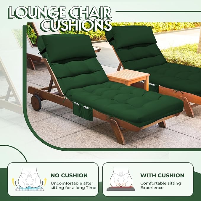 Outdoor Chaise Lounge Chair Cushion, Waterproof Outdoor Chair Cushions for Patio Furniture, 71 x 21 x 4 Inches Replacement Chaise Lounge Cushion with Ties (Green)