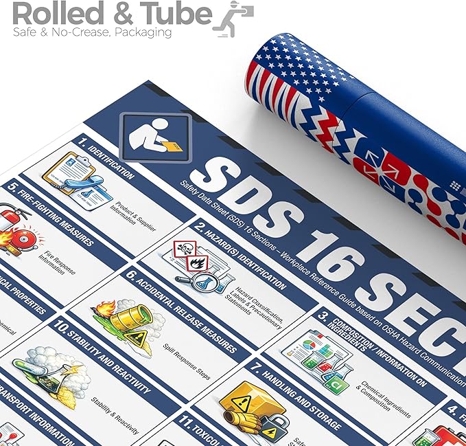 SDS 16 Sections Poster – Safety Data Sheet Chart, OSHA HazCom Workplace Reference Guide, Waterproof, Tear-Resistant Chemical Safety Training Sign