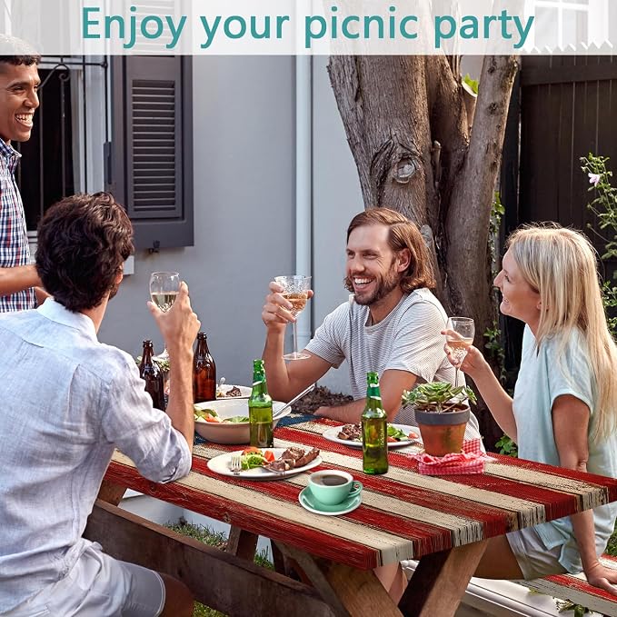 American Flag Picnic Table Cover with Bench Covers and Bag | 4th of July Waterproof Oilproof Fitted Tablecloth with Elastic Edges for Patriotic Outdoor Decor Camping 3Pcs 30x60 Inch