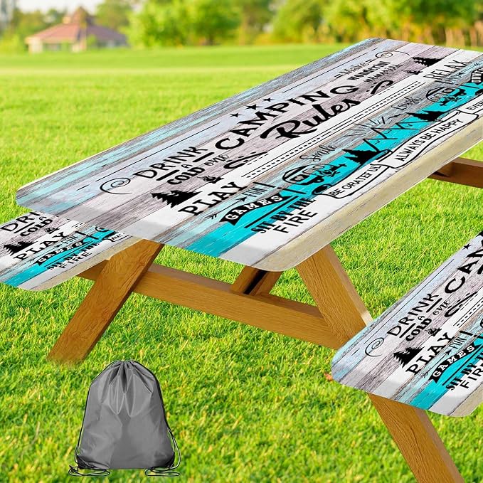 JAWO Turquoise Wood Grain Camping Rules Quote Picnic Table Cover with Bench Covers, Camper RV Essentials Gear Supplies Outdoor Waterproof Windproof Tablecloth with Elastic, 30x72 Inch