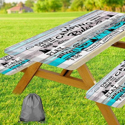 JAWO Turquoise Wood Grain Camping Rules Quote Picnic Table Cover with Bench Covers, Camper RV Essentials Gear Supplies Outdoor Waterproof Windproof Tablecloth with Elastic, 30x72 Inch