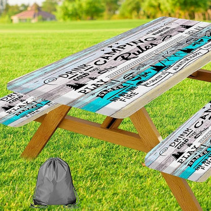JAWO Turquoise Wood Grain Camping Rules Quote Picnic Table Cover with Bench Covers, Camper RV Essentials Gear Supplies Outdoor Waterproof Windproof Tablecloth with Elastic, 30X96in