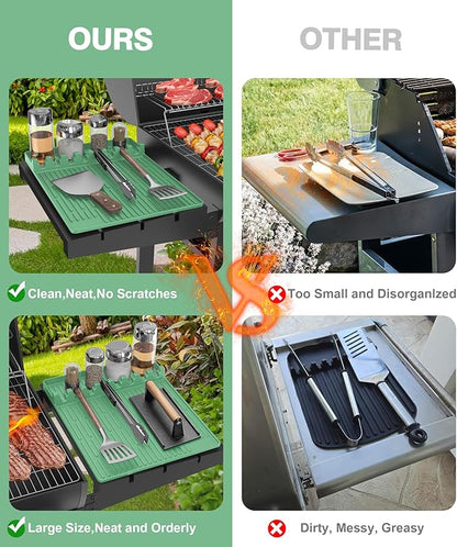 Silicone Grill Mat Compatible with Blackstone, BBQ Griddle Tools Mat with Drip Pad, Large Spatula Holder for Outdoor Kitchen Counter, Gifts for Men (Light Green)