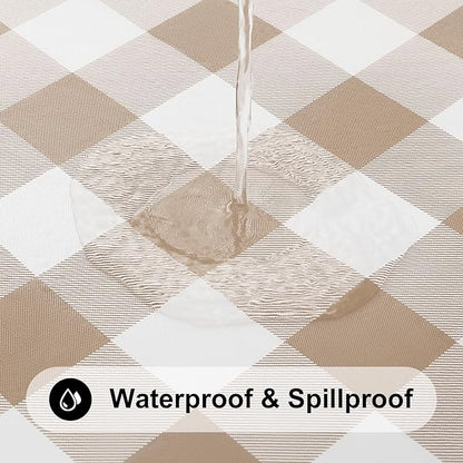 Smiry Rectangle Picnic Table Cloth, Elastic Waterproof Fitted Vinyl Tablecloths, Flannel Backed Buffalo Plaid Table Covers for Dining, Camping, Outdoor (White and Khaki, 42" x 72")