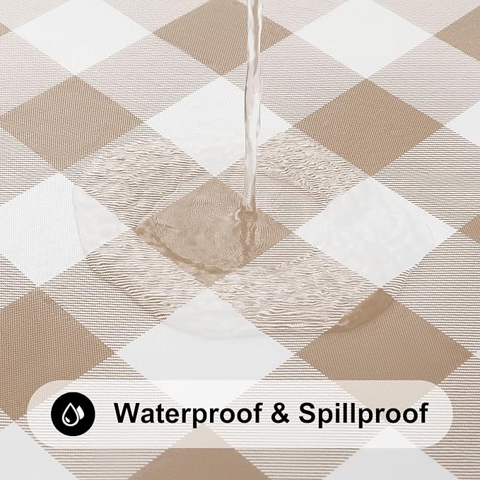 Smiry Rectangle Picnic Table Cloth, Elastic Waterproof Fitted Vinyl Tablecloths, Flannel Backed Buffalo Plaid Table Covers for Dining, Camping, Outdoor (White and Khaki, 24" x 48")