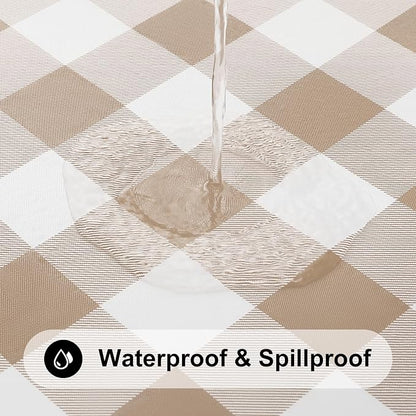 Smiry Rectangle Picnic Table Cloth, Elastic Waterproof Fitted Vinyl Tablecloths, Flannel Backed Buffalo Plaid Table Covers for Dining, Camping, Outdoor (White and Khaki, 24" x 48")
