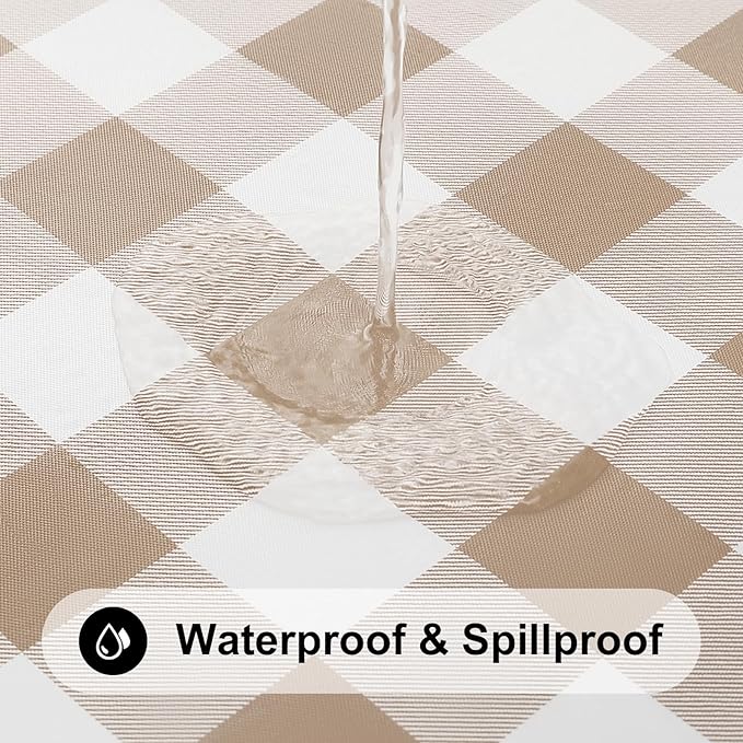 Smiry Square Picnic Table Cloth, Elastic Waterproof Fitted Vinyl Tablecloths, Flannel Backed Buffalo Plaid Table Covers for Dining, Camping, Outdoor (White and Khaki, 42" x 42")