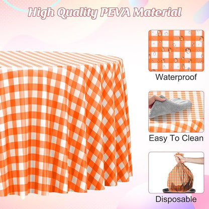 3Pcs Orange Gingham Tablecloths Round, Fall Checkered Table Cover 54x108 In | Orange and White Checkered Round Tablecloths Disposable Waterproof for Fall Picnic Halloween Barbecue Birthday Outdoor Party
