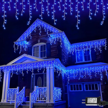 QITONG Blue Icicle Lights for Outside, 66ft 800 LED String Lights Plug in with 8 Modes, Clear Wire Connectable Icicle Christmas Light Indoor