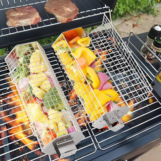 2 Pack Rolling Grill Basket, Hexagonal BBQ Grill Baskets with Removable Wooden Handle, 304 Stainless Steel, Nesting Grilling Net, BBQ Accessories Tools for Vegetables, Meat & Seafood, Gift for Dad or Husband