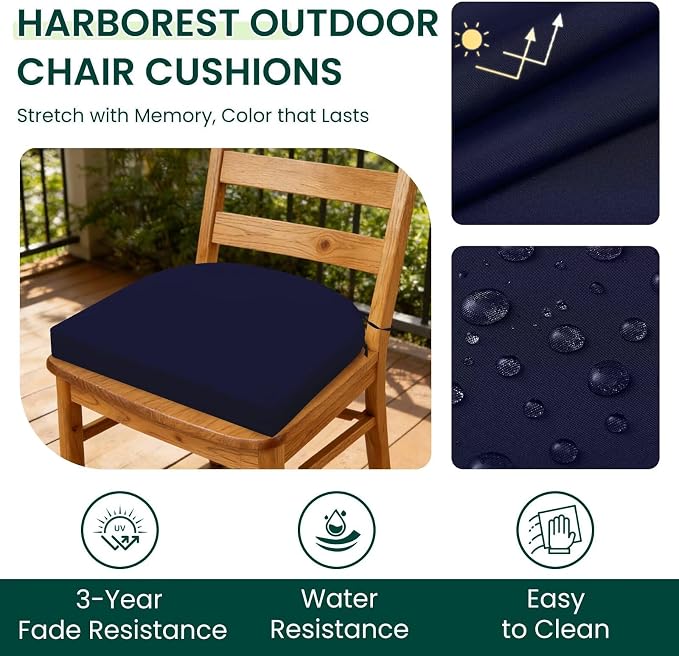 HARBOREST Outdoor Chair Cushions Set of 4, Water Resistant Patio Chair Cushions with Ties, Outdoor Seat Cushions for Patio Furniture, 17"x16"x2", Navy