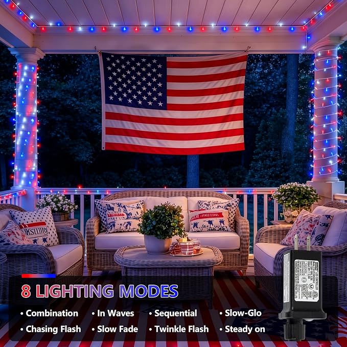 YEGUO 66ft 200 LED Red White and Blue Lights, 4th of July Decorations String Lights Plug in Indoor Outdoor, 8 Modes Clear Wire Patriotic Light for Independence Day Holiday Memorial Day Party Decor