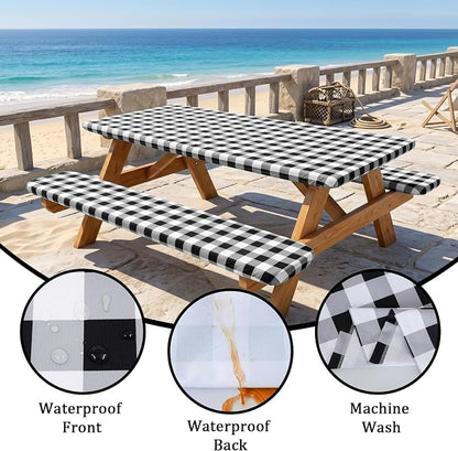 Poise3EHome Picnic Table Cover with Bench Covers, 6 Foot Fitted Elastic Tablecloth Set, Heavy Duty Polyester with TPU Waterproof Backing, Washable Outdoor Picnic Set for Camping,RV & Park(Black&White)
