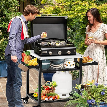 Three-Shelf Grill Cart, Stainless Steel & Black, Outdoor Grill Table with Pizza Oven & BBQ Grill Stand