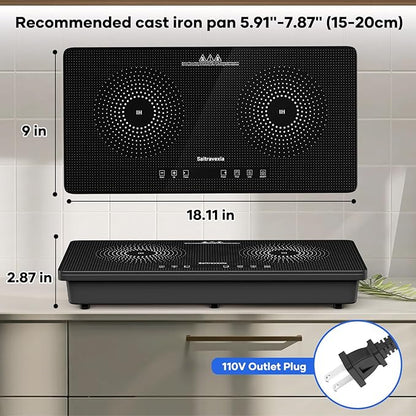 1800W Portable Double Induction Cooktop – 2 Burner Countertop Electric Stove with Touch Control, Dot Pattern Panel, 8 Power Levels, Timer, Safety Lock, Compatible with Magnetic Cookware