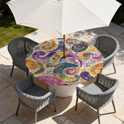 Outdoor Tablecloth with Umbrella Hole and Zipper Fits 45-48" Tables | Waterproof Round Fitted Tablecloth with Elastic Edge, Wipeable Outdoor Table Cover for Patio, Garden, Picnic