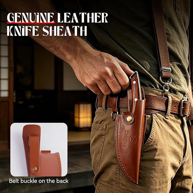 Viking Chef Knife with Premium Leather Sheath - Japanese Kitchen Knife for Meat Cutting, BBQ, Camping, Cooking, Ergonomic Handle Gift for Men