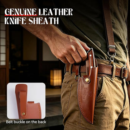 Viking Chef Knife with Premium Leather Sheath - Japanese Kitchen Knife for Meat Cutting, BBQ, Camping, Cooking, Ergonomic Handle Gift for Men