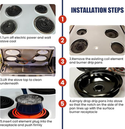 Electric Stove Burners and Porcelain Drip Pans Set Compatible with G-E Hot-point Stoves, Includes WB31M20 WB31M19 Black Stove Drip Pans & WB30M1 WB30M2 Electric Range Burner Elements by Fetechmate